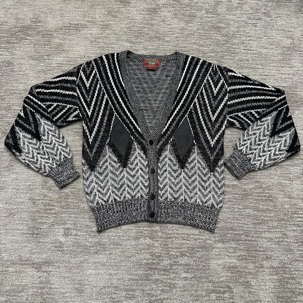 VTG Chartwell Sweater Mens M Black Geometric Cosby Western Grandpa Leather Patch